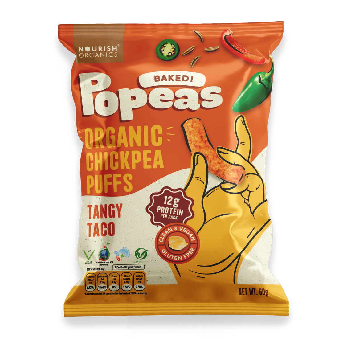 Chickpeas Puffs | Popeas (Baked) – Tangy Taco – 12gm Protein – Crispy & Tangy – Organic – Vegan & Gluten Free – Nourish Organics – 60gm