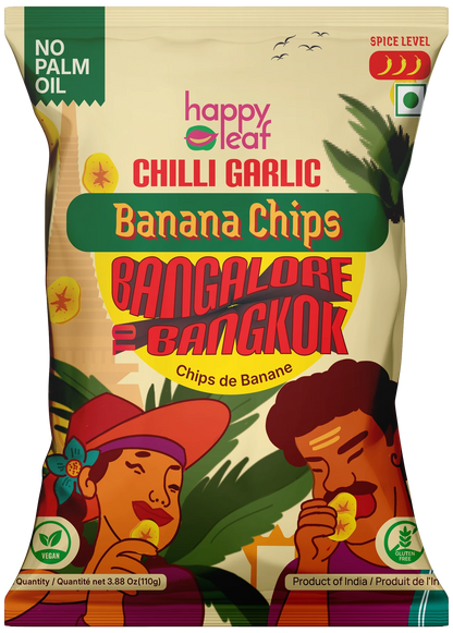 Chips | Chilli Garlic Banana Chips -Vegan, Gluten Free, USDA Organic – No Artificial Color &amp; No Artificial Preservatives – Happy Leaf – 110gm