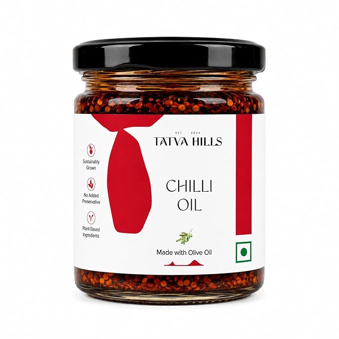 Chilli Oil | Spicy Garlic with Crispy Chilli Flakes &amp; Olive Oil-All-Natural - Perfect for Noodles, Fried Rice, Dumplings, Toast &amp; More - Handcrafted for Bold Flavour &amp; Crunch-No Preservatives  – Tatva Hills – 150gm