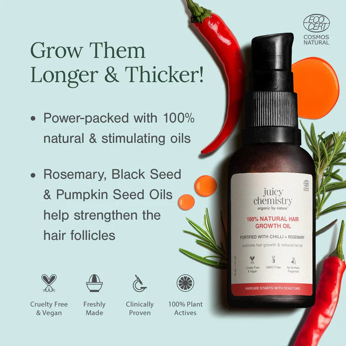 Hair Oil | 100% Natural Hair Growth Oil with Chilli + Rosemary –Cruelty Free &amp; Vegan,  Reduces Hair Fall- No Added Colours Added &amp; No Synthetic Fragrance Oils - Juicy Chemistry – 100ml