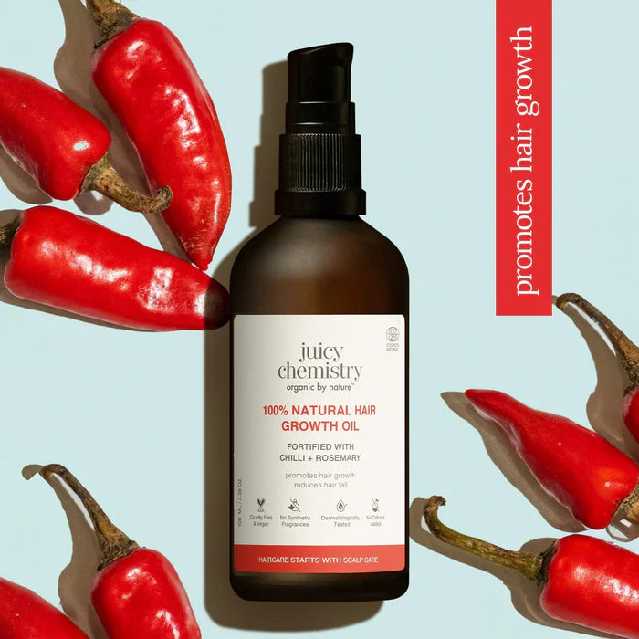 Hair Oil | 100% Natural Hair Growth Oil with Chilli + Rosemary –Cruelty Free & Vegan, Reduces Hair Fall- No Added Colours Added & No Synthetic Fragrance Oils - Juicy Chemistry – 100ml