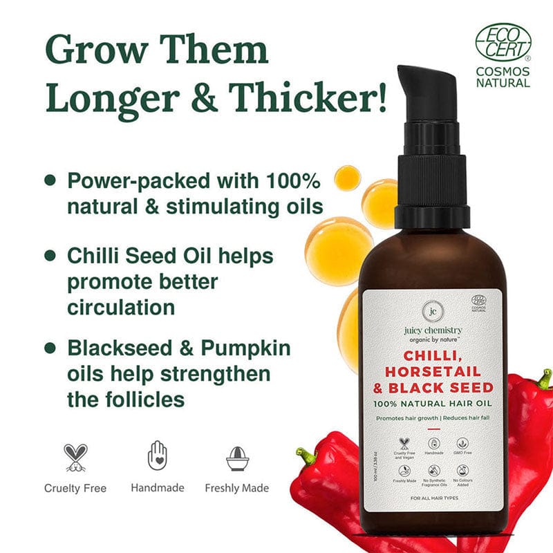 Chilly, Horsetail &amp;amp; Black Seed Organic Hair Serum - Juicy Chemistry - 30gm