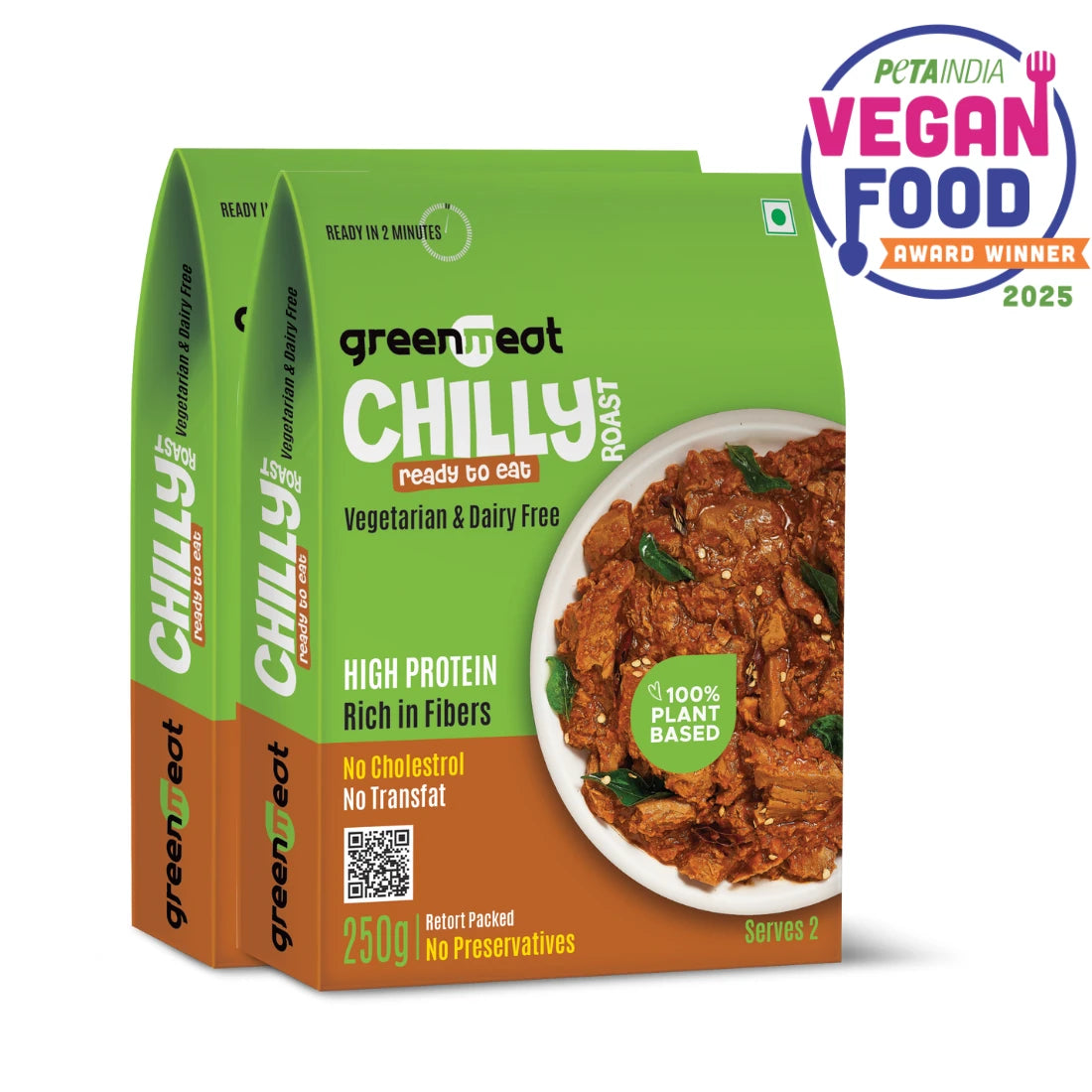 Chilly Roast - Vegetarian &amp; Dairy Free , 100% Plant Based - Easy To Cook, Ready To Eat -  Heigh Protein, Rich Fibers   – No Added Preservatives, No Cholestrol, No Trans Fat –Greenmeat – (2 Serving) – 250gm