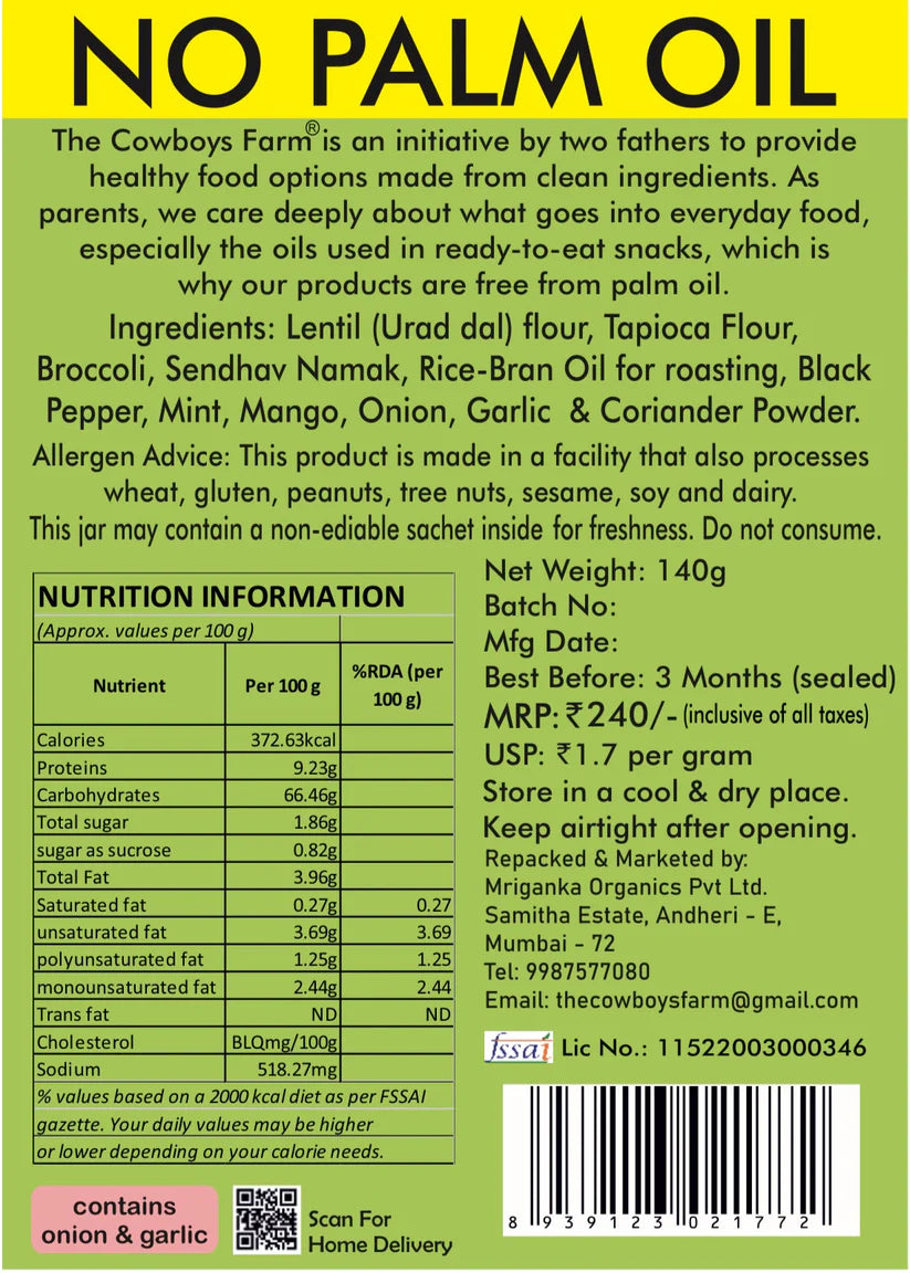 Chips | Broccoli Lentil Chips  - Gluten Free, No Palm Oil &amp; No Added Preservatives - The Cow Boys Farm – 140gm