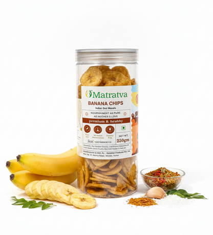 Chips | Banana Chips (Indian Desi Masala) - Made With Organic Ingredients - Healthy - Not Fried - Gluten Free, Cruelty Free, High In Fibre &amp; No Added Preservatives - Matratva - 250gm
