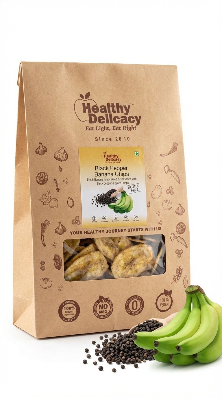 Chips | Black Pepper Banana Chips -Vegan, Gluten Free- Zero Cholesterol - No Trans Fat - No Preservative - Healthy Delicacy-220gm