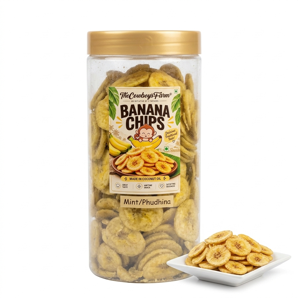 Banana Chips | (Mint/Phudhina) - 100% Plant Based - No Onion, No Garlic &amp; No Added Preservatives - The Cow Boys Farm – 400gm