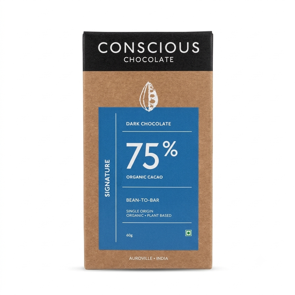 Chocolate | 75% Signature Dark Chocolate -Bean To Bar- Organic &amp; Plant Based Chocolate  - Vegan &amp;amp; Gluten Free - Conscious Living - 60gm