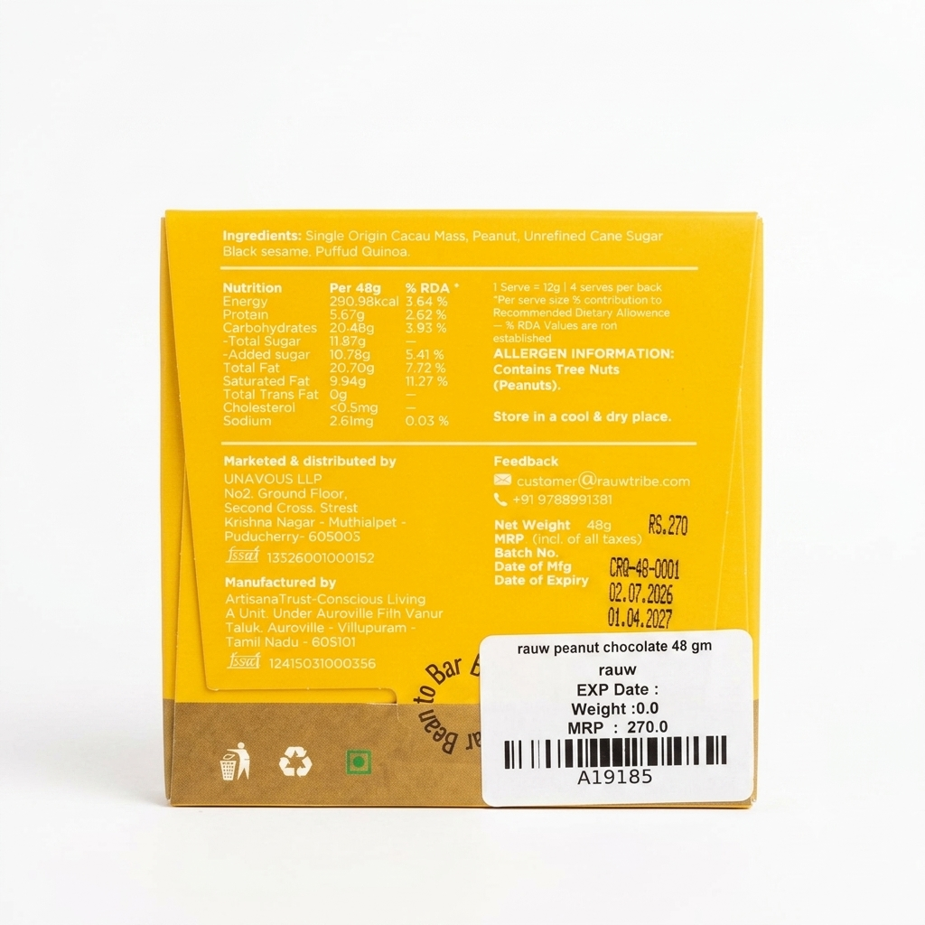 Chocolate | Peanut Chocolate Bars (Crunchy Black Sesame)- 100% Plant Based  - No  Preservative, artificial flavors or emulsifiers - Rauw - 48gm