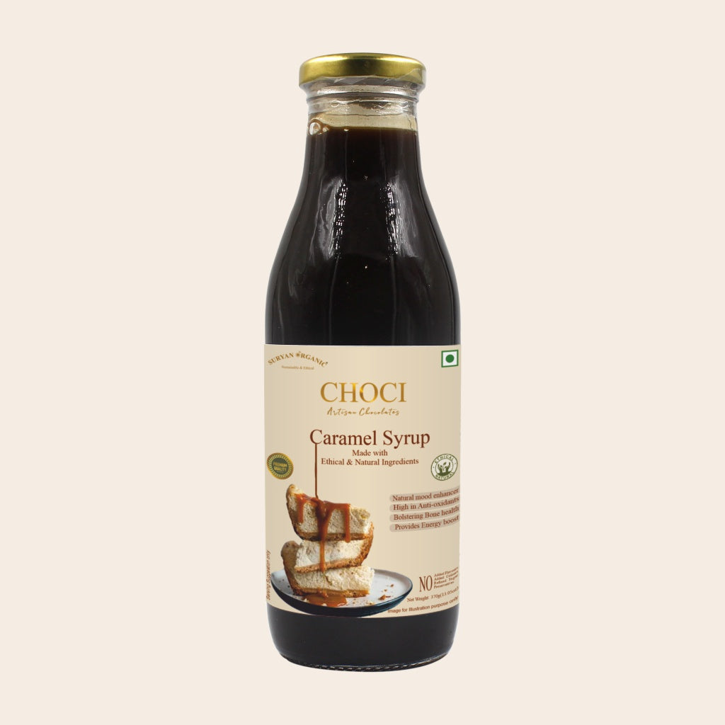 Syrup | Choci Caramel Syrup (Made With Natural And Ethical Ingredients) - Natural - Sulphur Free, Cane Free, No Colors, No Preservatives & No Artificial Flavour - Suryan Organic - 370gm