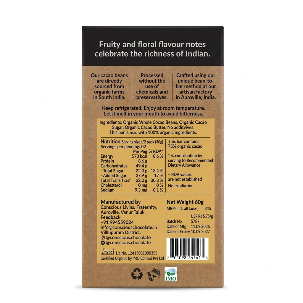 Chocolate | 75% Signature Dark Chocolate -Bean To Bar- Organic &amp; Plant Based Chocolate  - Vegan &amp;amp; Gluten Free - Conscious Living - 60gm