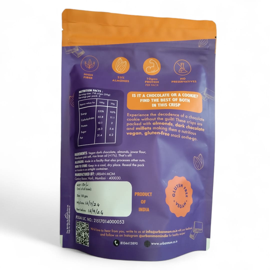 Millet Cracker | Choco Almond Crisps - (With Dark Chocolate & Almonds) - Snackers - Baked - Vegan, Gluten Free, No Maida & No Refined Sugar - Urban Mom - 100gm