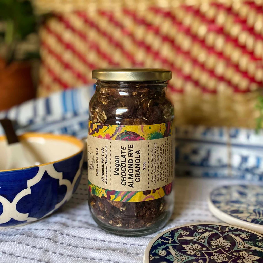 Granola | Choco Almond Rye Granola (With Banana &amp; Apple) - All Natural - Vegan, Dairy Free, Honey Free &amp; No Added Preservatives - The Huda Bar - 250gm