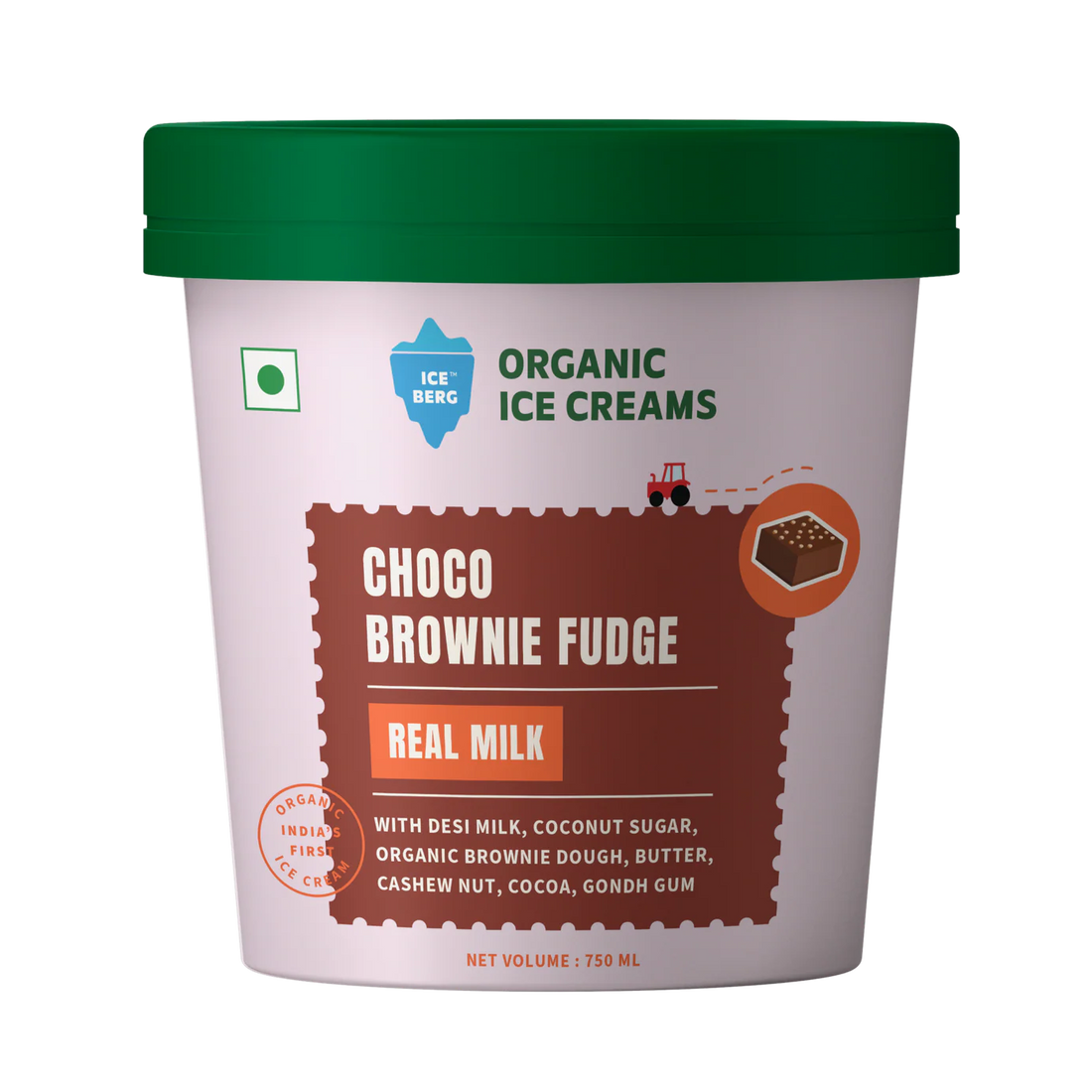 Ice Cream | Choco Brownie Fudge Ice Cream (Made From Real Milk, Gondh Gum, Organic Butter, Choco Brownie Fudge ) - Churned with authentic &amp; Real Ingredients - Iceberg Organic Ice Cream - 750ml