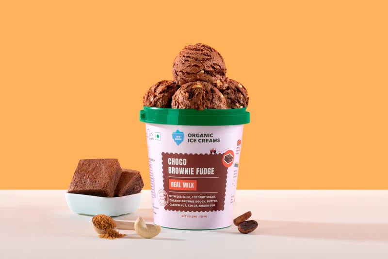 Ice Cream | Choco Brownie Fudge Ice Cream (Made From Real Milk, Gondh Gum, Organic Butter, Choco Brownie Fudge ) - Churned with authentic &amp; Real Ingredients - Iceberg Organic Ice Cream - 750ml
