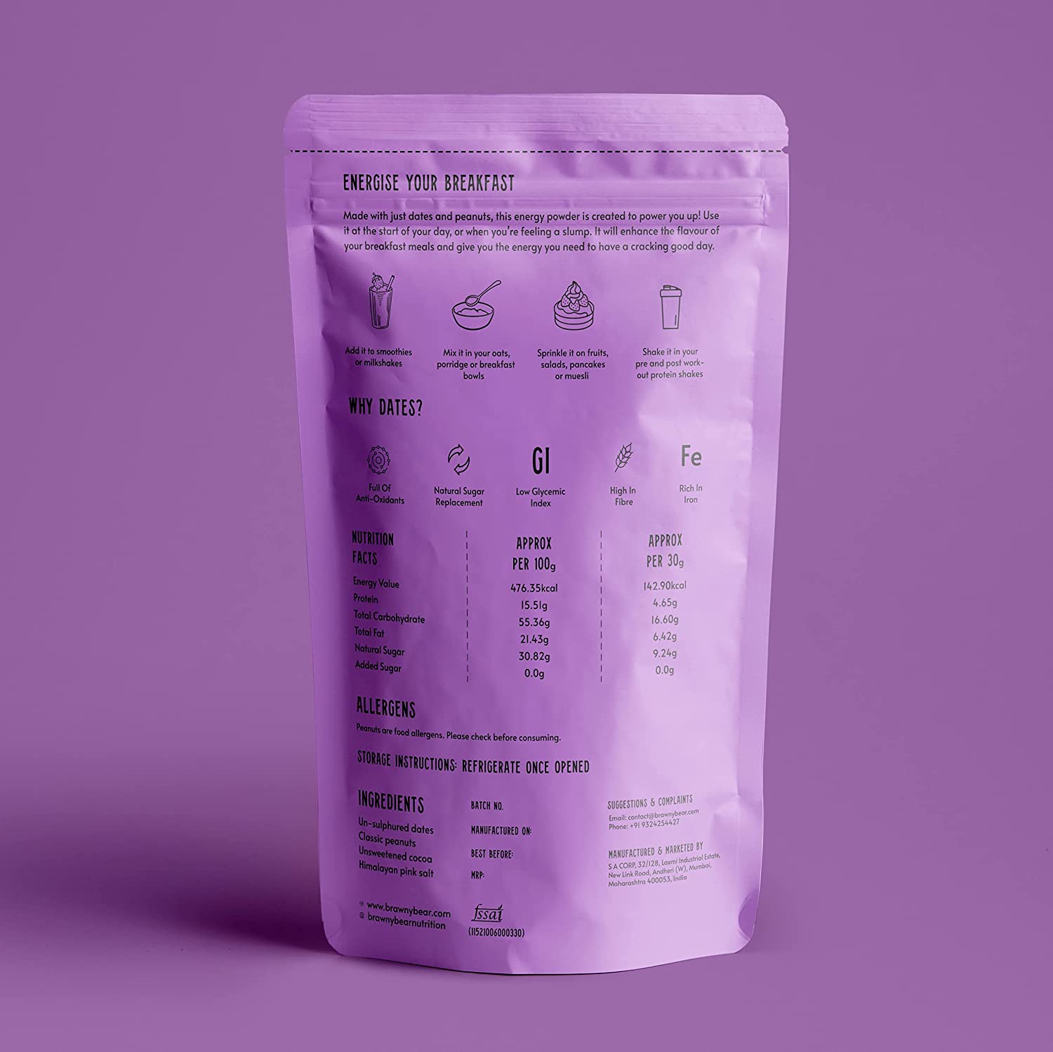 Chocolate Energy Powder Made With Dates, Whey &amp;amp; Cocoa - Vegan, No Added Sugar, High Fibre &amp;amp; Rich In Iron - Brawny Bear - 250gm