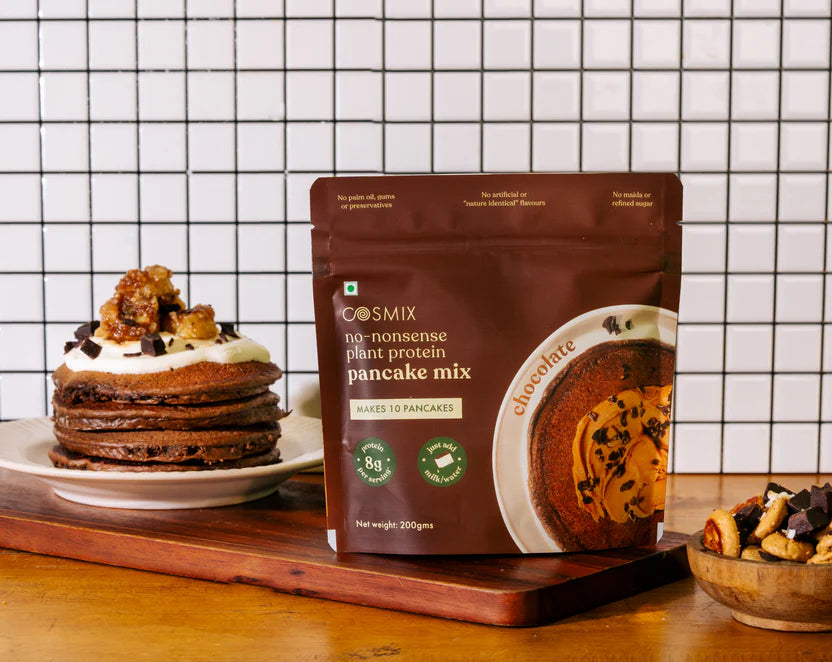 Pancake Mix | Chocolate - No Nonsense - Plant Protein Pancake Mix - No Palm Oil, Maida, Gums, No Refined Sugar & No Artificial Flavours - Cosmix - 200gm - Makes 10 Pancakes