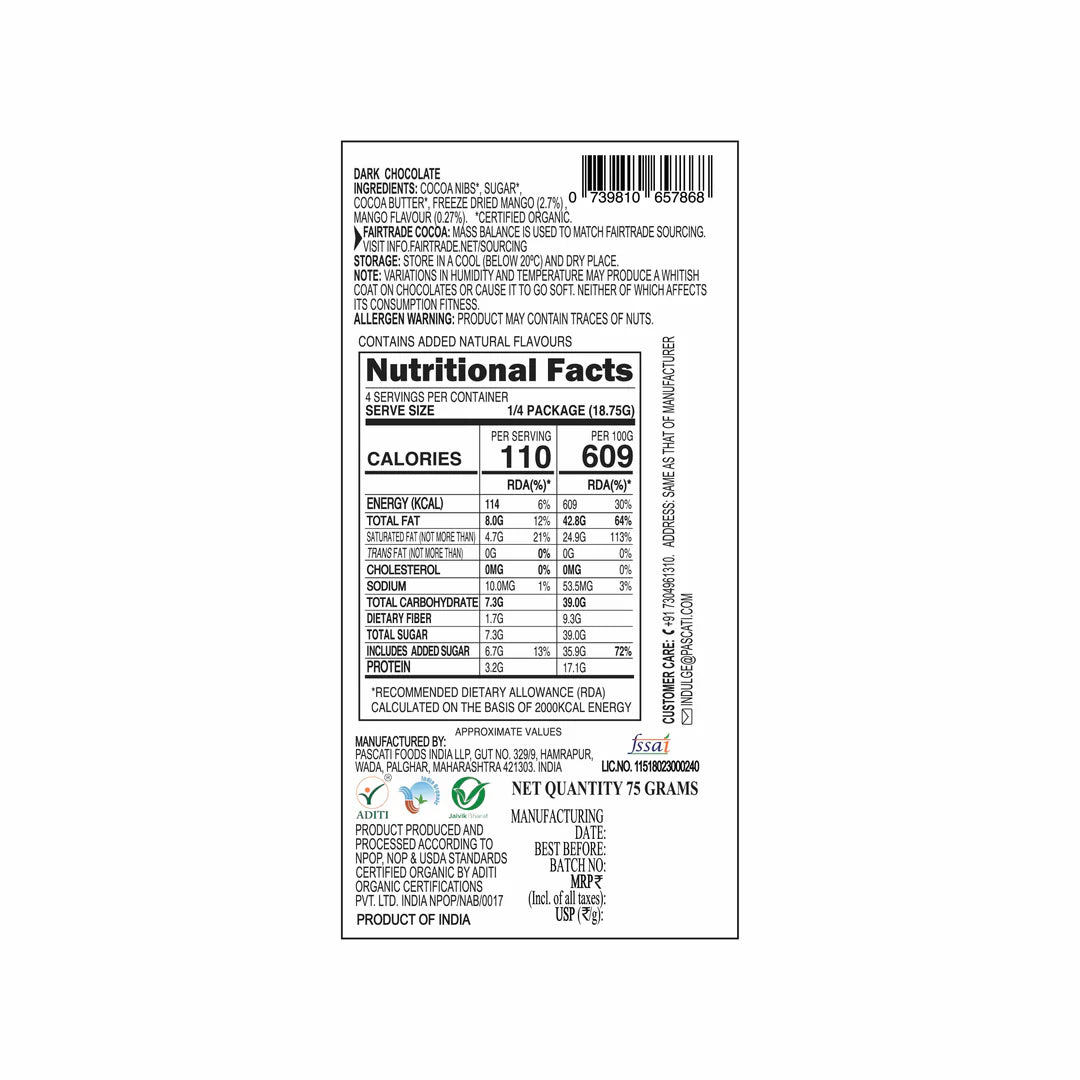 Dark Chocolate | Mango Dark Chocolate - USDA Organic Chocolate - Bean To Bar - Vegan &amp; Gluten Free - Pascati - 75gm