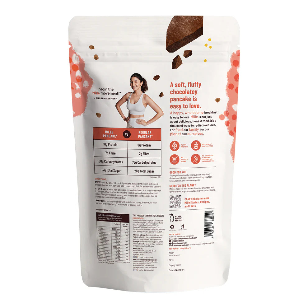 Pancake | Chocolate Pancake mix - 16g Protein - 100% Real Cocoa - No Maida, No Atta &amp; No Refined Sugar - Mille&