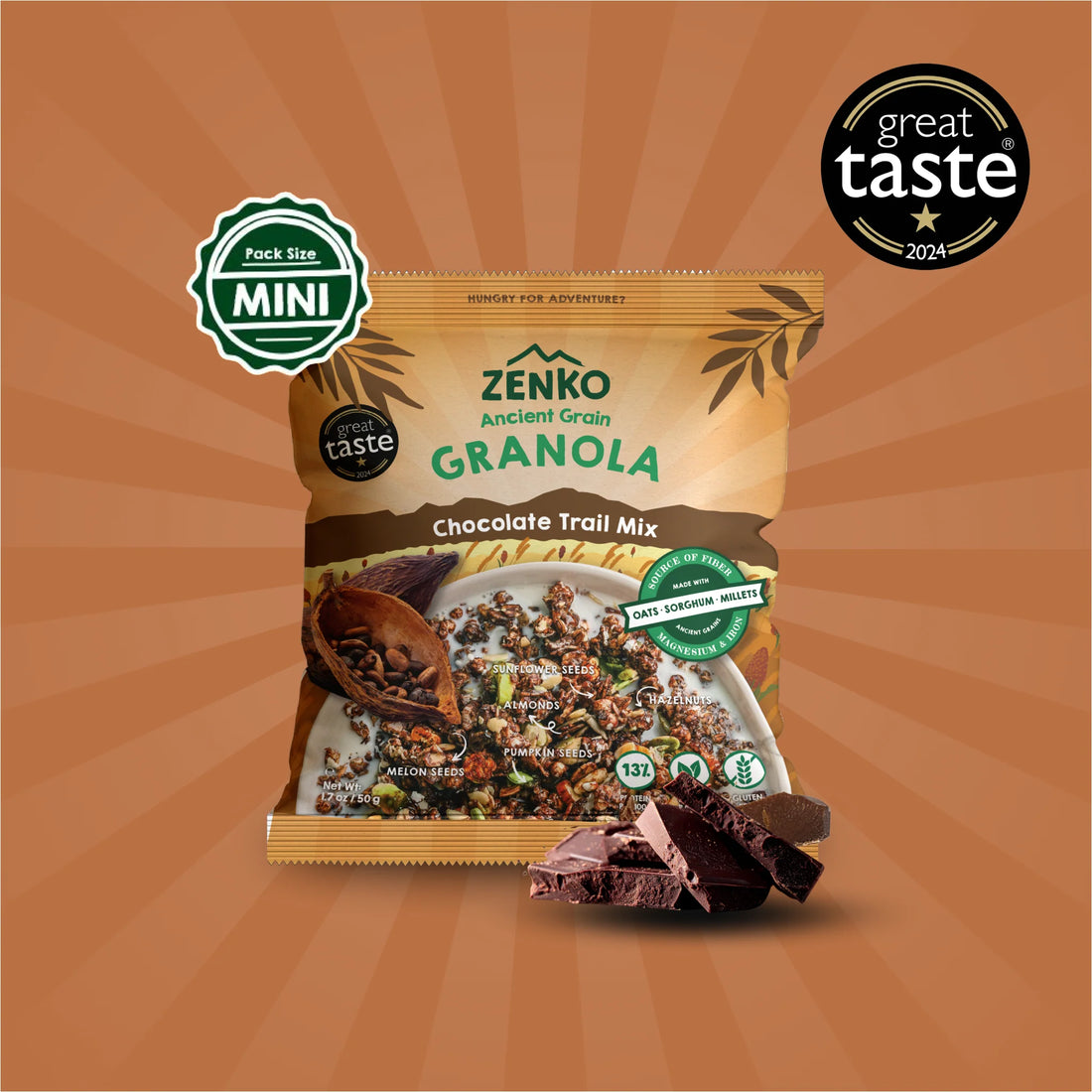 Granola | Chocolate Trail Mix - 13% Protein Per 100gm - Plant Based - Gluten Free, High In Fiber, Magnesium And Iron - Zenko - 300gm