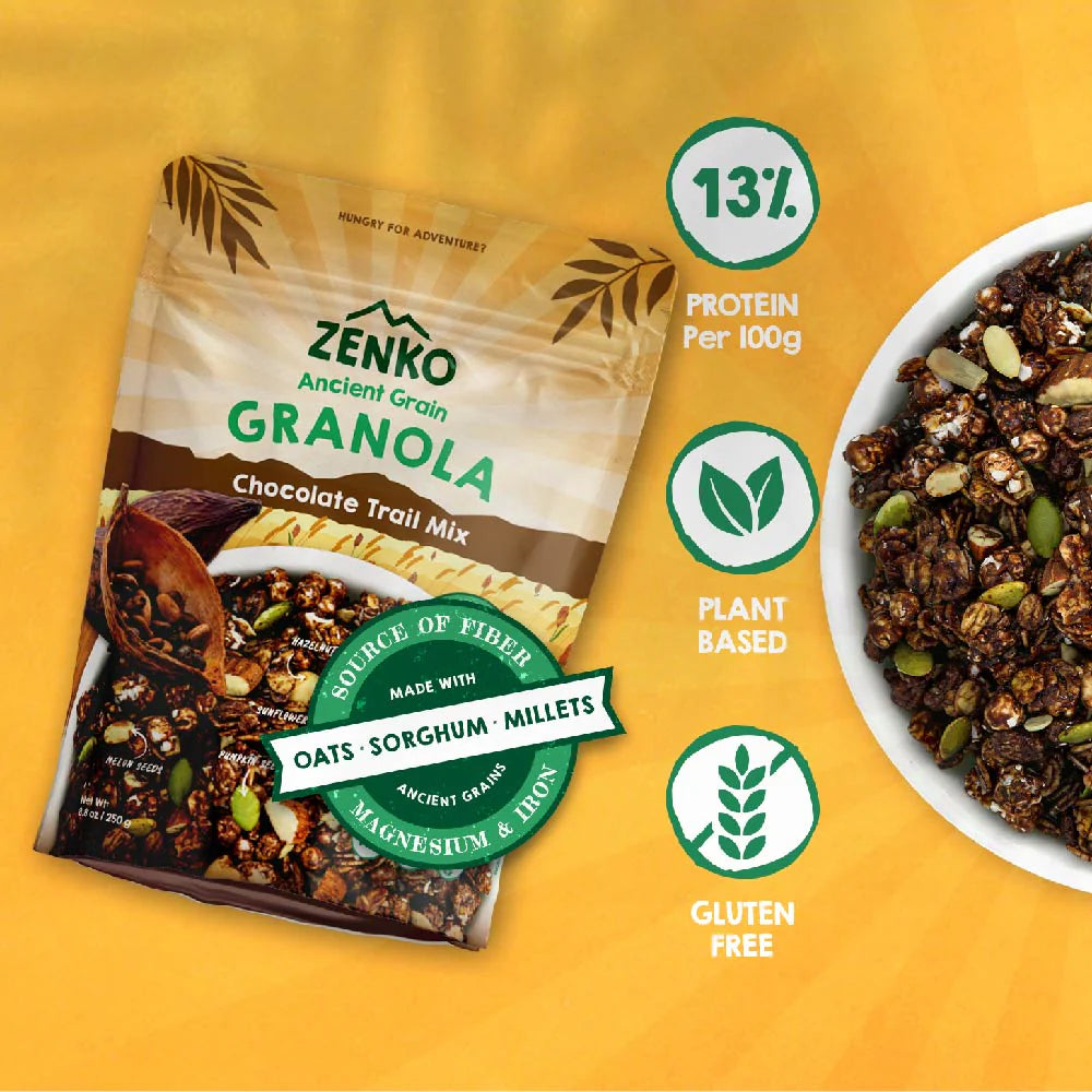 Granola | Chocolate Trail Mix - 13% Protein Per 100gm - Plant Based - Gluten Free, High In Fiber, Magnesium And Iron - Zenko - 300gm