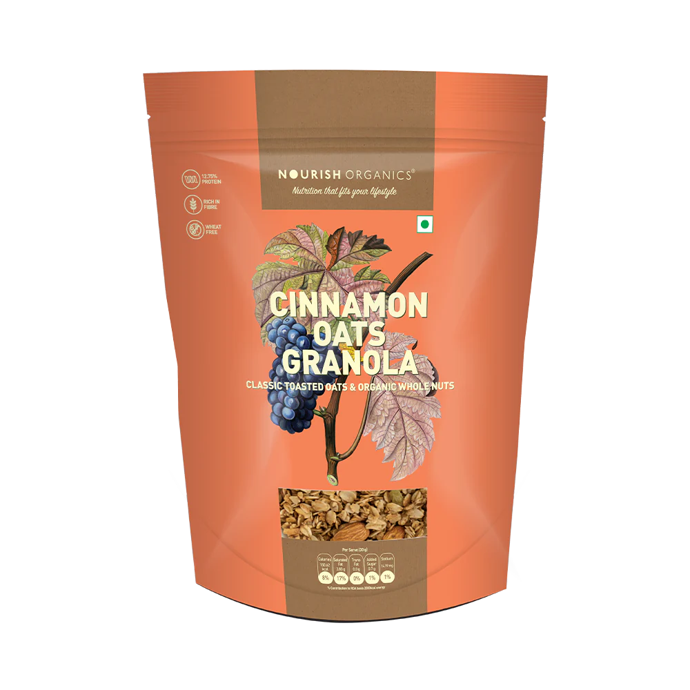 Oats Cinnamon Granola - High Protein, Rich In Fiber, Wheat Free, Fat Free &amp;amp; Lactose Free - Nourish Organics - 300gm