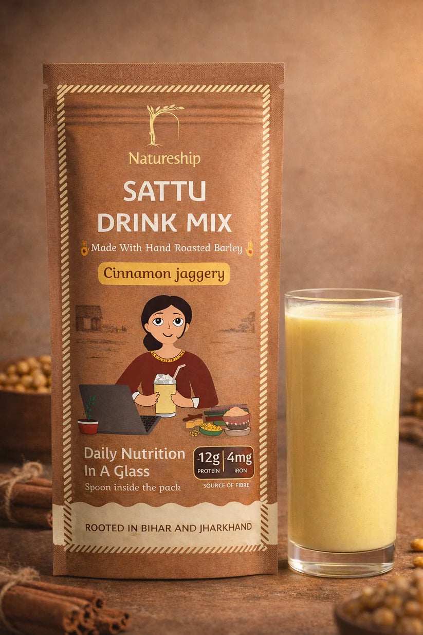 Cinnamon Jaggery Sattu Drink Mix -Gluten Free, Vegan &amp; Gut Friendly-100% Natural- Hand Roasted &amp; Stone Ground Chana Sattu – Gluten Free, High In Protein And Fiber Or Preservatives  Free - Natureship - 49gm