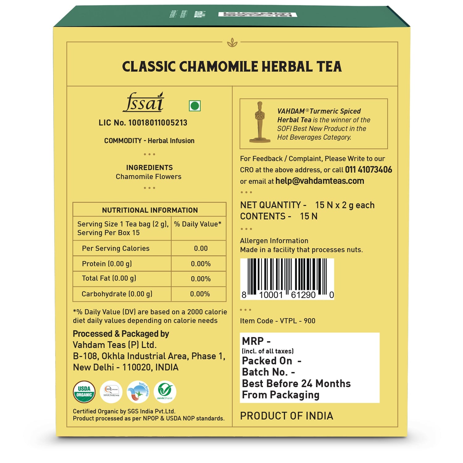 Classic Chamomile Herbal Tea – Vahdam – 15Tea Bags