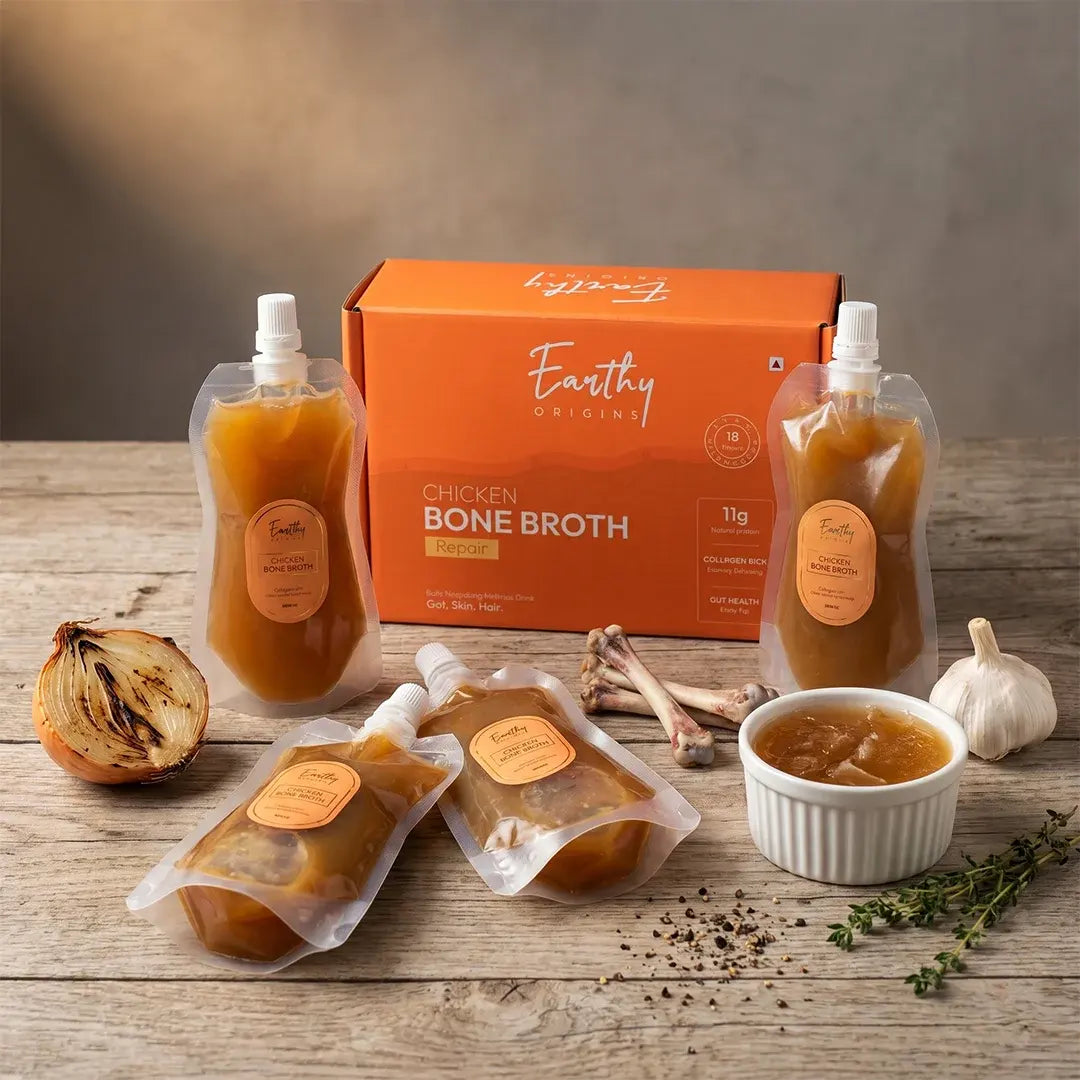 Chicken Bone Broth | Free Range Chicken - Classic Instant Beverage Mix - 11gm Protein - 18Hr Simmer - Natural Collagen - Drink, Glow, Thrive - Non GMO Certified – Grass Fed – No Antibiotics And Hormone Free - Earthy Origins - 750ml
