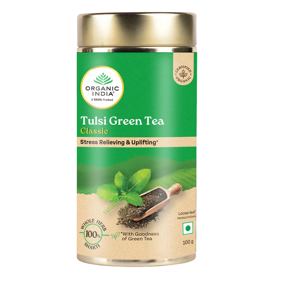 Tulsi Green Tea - Classic – Certified Organic - Stress Relieving &amp; Uplifting - Organic India –Tin Box 100gm