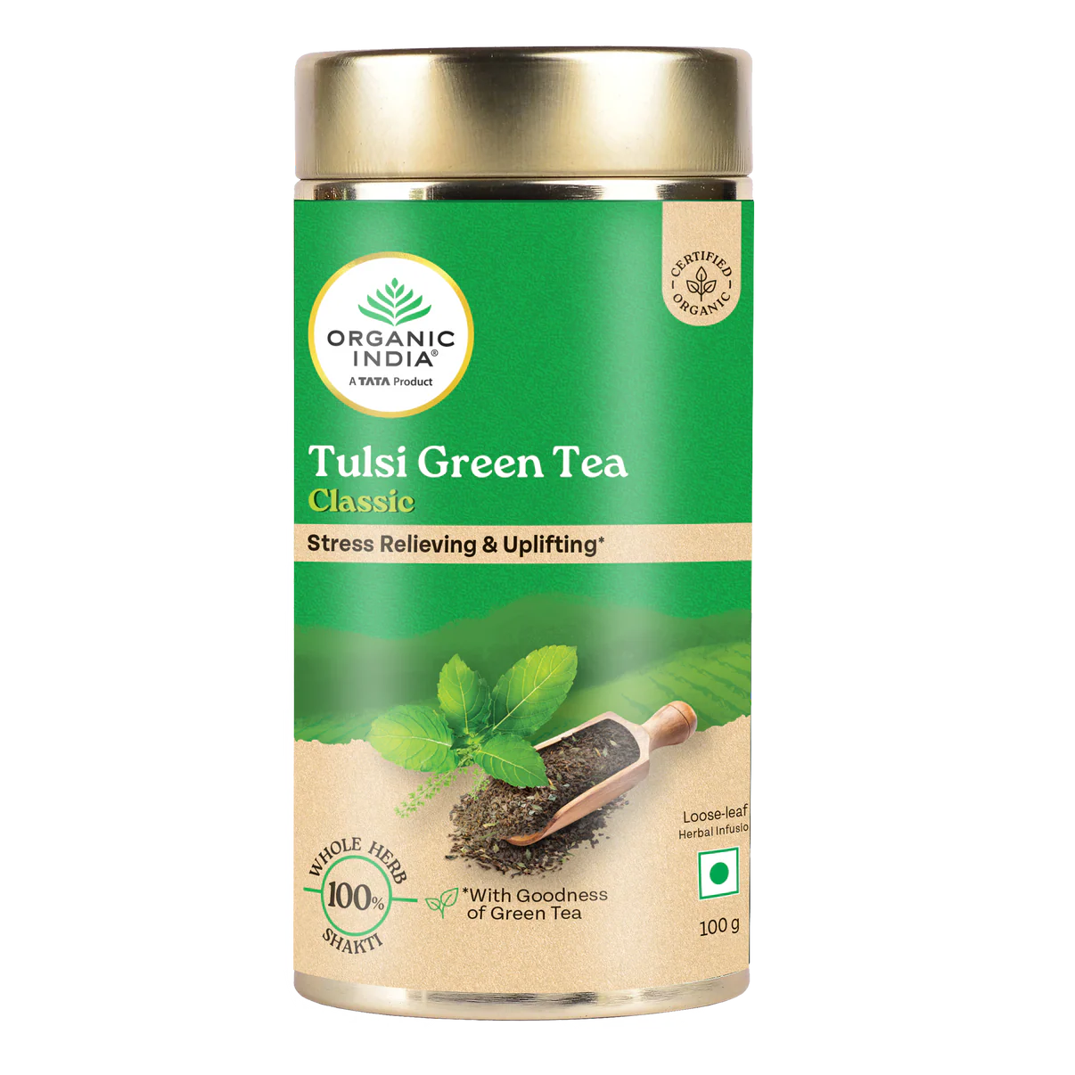 Tulsi Green Tea - Classic – Certified Organic - Stress Relieving &amp; Uplifting - Organic India –Tin Box 100gm
