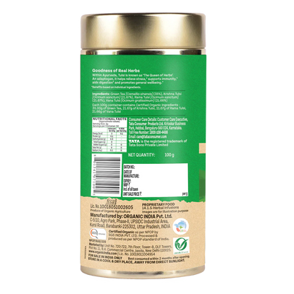 Tulsi Green Tea - Classic – Certified Organic - Stress Relieving &amp; Uplifting - Organic India –Tin Box 100gm
