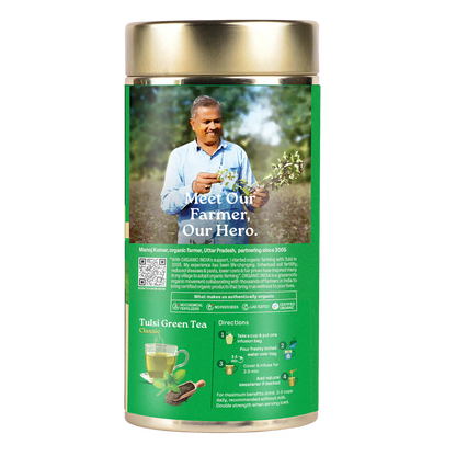 Tulsi Green Tea - Classic – Certified Organic - Stress Relieving &amp; Uplifting - Organic India –Tin Box 100gm