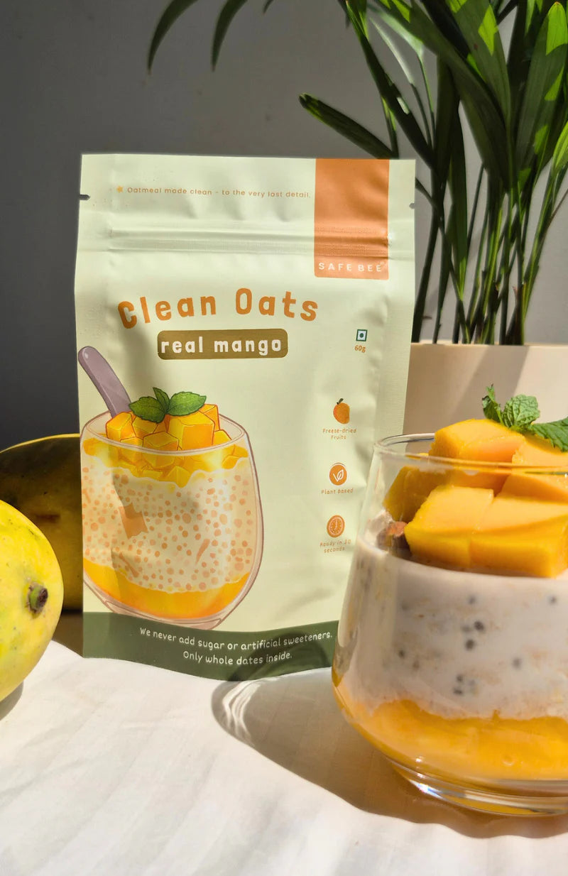 Real Mango Clean Oats - Freeze-dried fruit &amp; Date sweetened - 100% Wholefood, Plant Based -No additives , No emulsifiers, No Added Oils , No Syrups – Safe Bee – 60gm