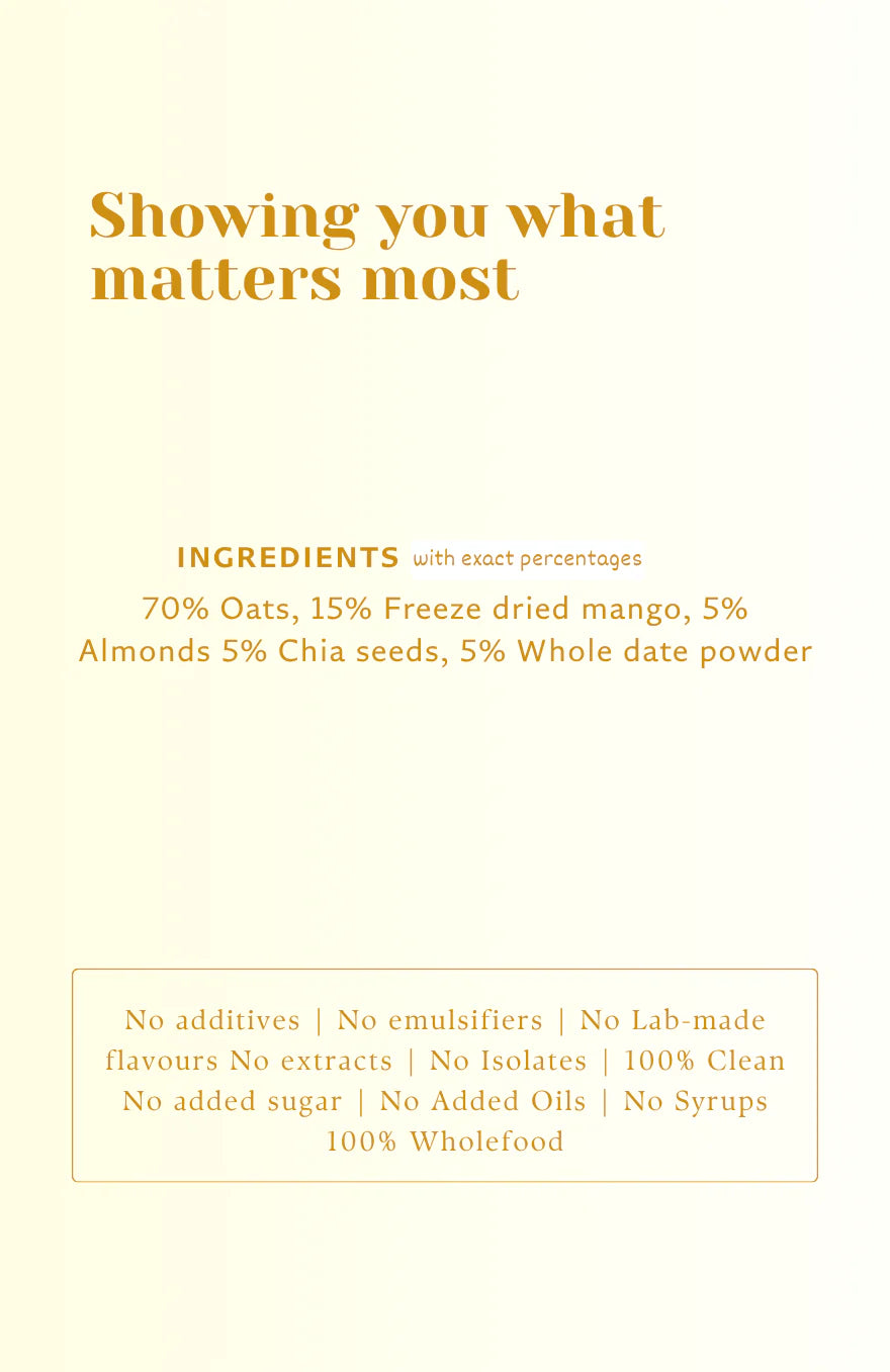 Real Mango Clean Oats - Freeze-dried fruit &amp; Date sweetened - 100% Wholefood, Plant Based -No additives , No emulsifiers, No Added Oils , No Syrups – Safe Bee – 60gm