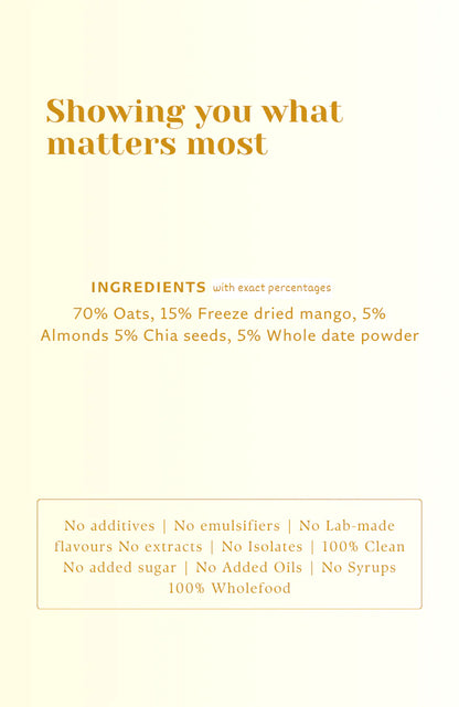 Real Mango Clean Oats - Freeze-dried fruit &amp; Date sweetened - 100% Wholefood, Plant Based -No additives , No emulsifiers, No Added Oils , No Syrups – Safe Bee – 60gm