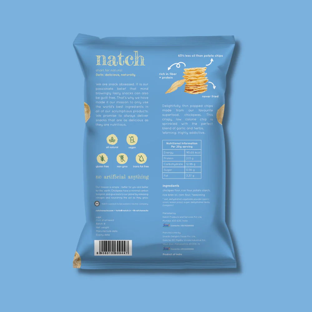 Chips | Chickpea Popped Chips (Garlic &amp; Herb) – All Natural - Vegan, Gluten Free, Trans Fat Free, Non GMO &amp;amp; No Added Artificial Flavor – natch – 55gm