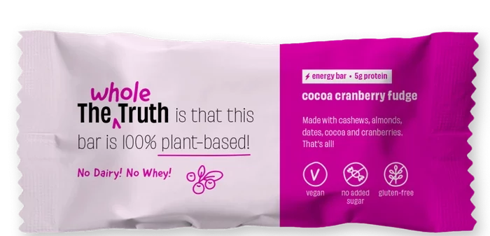 Cocoa Cranberry Bar - Vegan, Gluten Free, Vegan, Gluten-Free, Dairy Free & No Added Sugar – The Whole Truth – 40gm