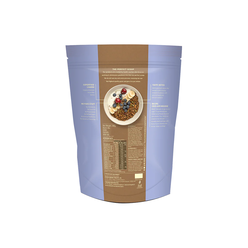 Cocoa Crunch Granola - No Added Sugar, High Protein, High Fiber, Lactose Free &amp; Fat Free – Nourish Organics - 300gm