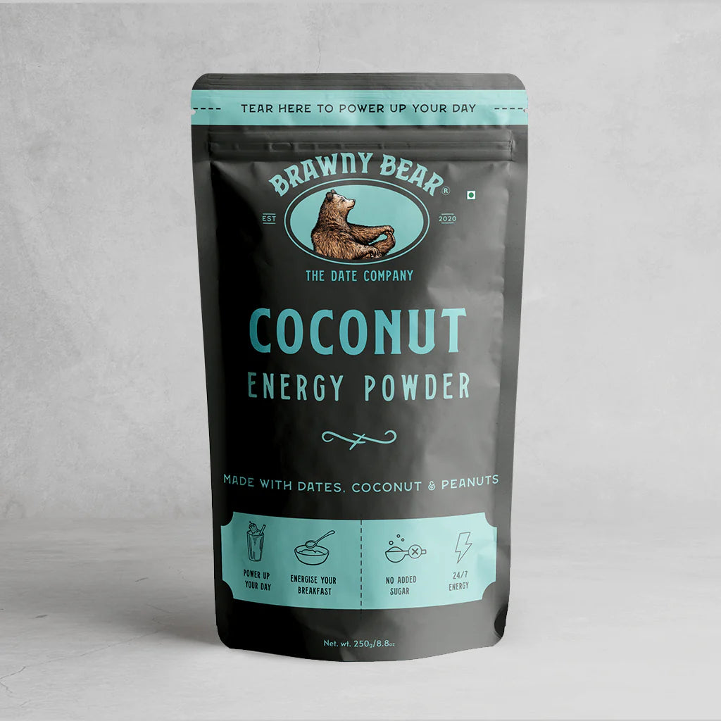 Energy Powder | Coconut (Made With Dates, Coconut & Peanuts) - Vegan, No Preservatives & No Added Sugar - Brawny Bear - 250gm