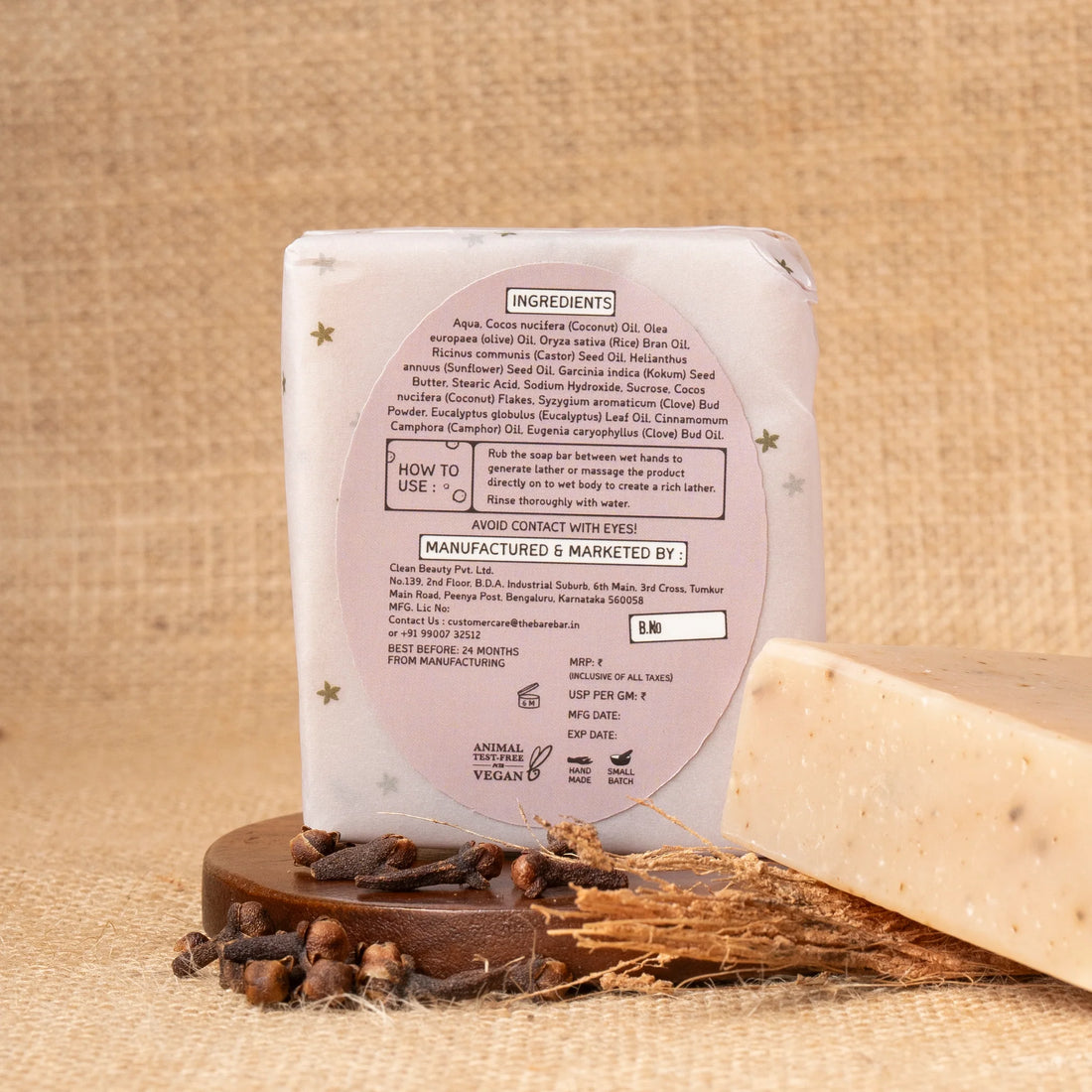 Soap | Coconut And Clove Body Scrub Bar - Olive Oil Based Formula - No Artificial Fragrances, Parabens Free &amp; No Added Preservatives - The Bare Bar – 100gm