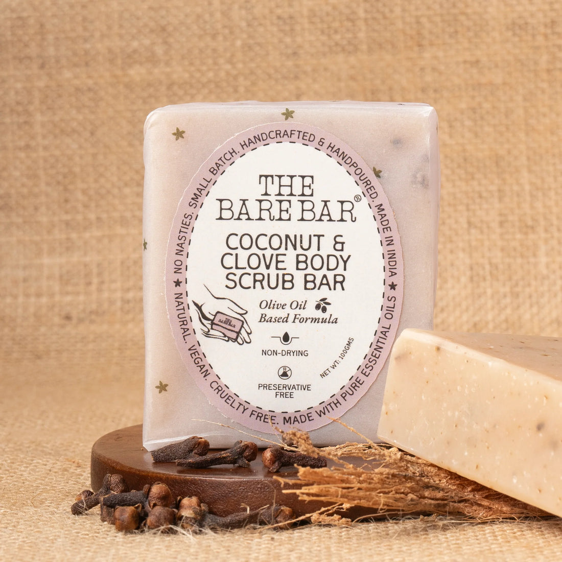 Soap | Coconut And Clove Body Scrub Bar - Olive Oil Based Formula - No Artificial Fragrances, Parabens Free & No Added Preservatives - The Bare Bar – 100gm