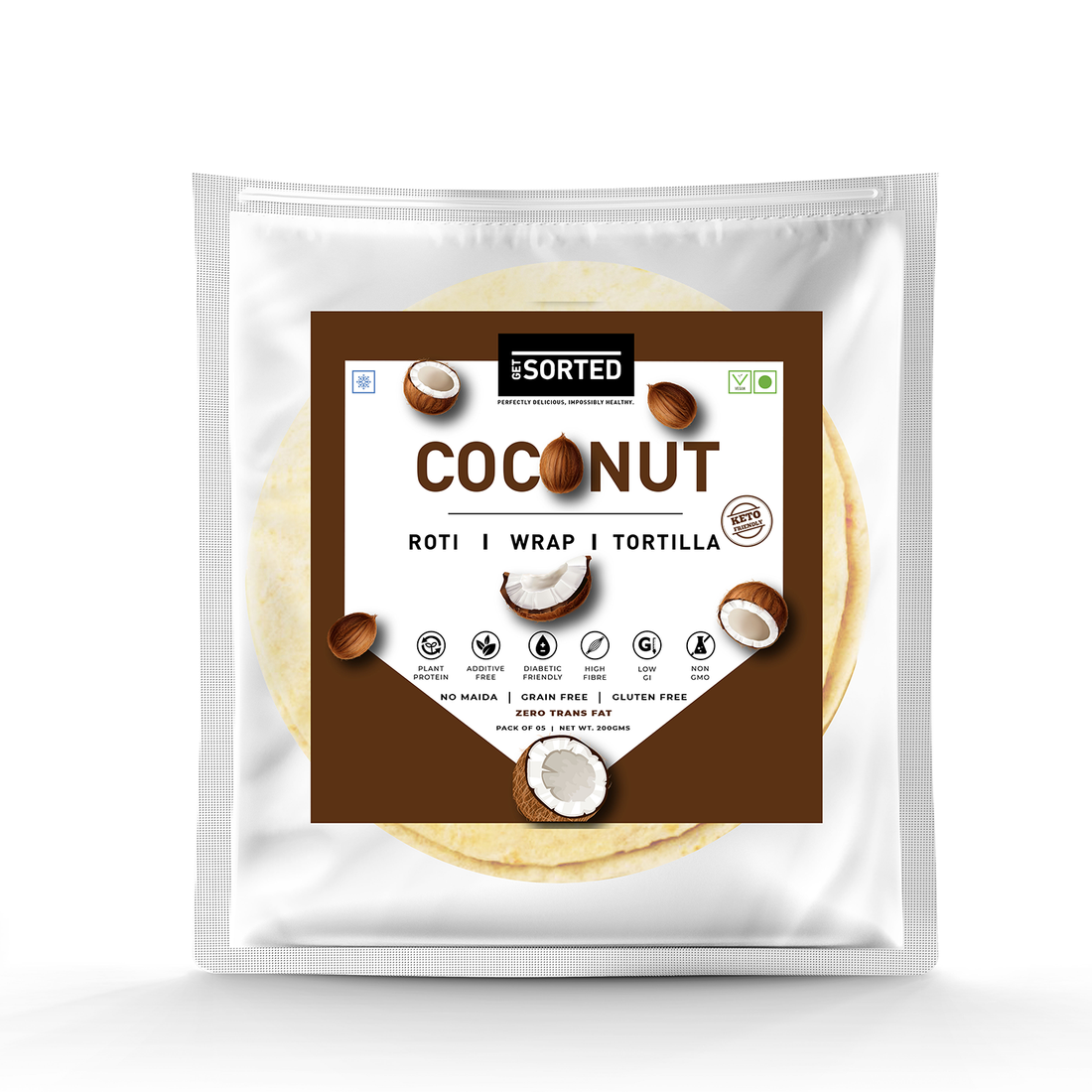 Tortilla | Coconut Roti - Wrap – Vegan, Gluten Free, No Maida, Keto Friendly, Diabetic Friendly & No Additives – Get Sorted – Pack Of 5