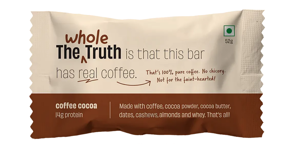 Coffee Cocoa Bar | (Made With Coffee, Cocoa Powder, Cocoa Butter, Dates, Cashew, Almond & Whey) - 14gm Protein - Gluten Free, No Added Sugar, No added Flavor & No Preservatives - The Whole Truth - 52gm