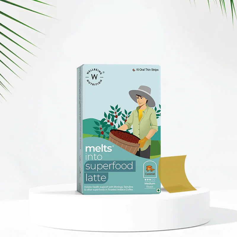 Coffee | Melts Superfood Latte – Caramel Flavor – Vegan, Gluten Free, Guilt Free, Preservatives Free, Soy &amp;amp; Nut Free – Wellbeing Nutrition – 15 Strips