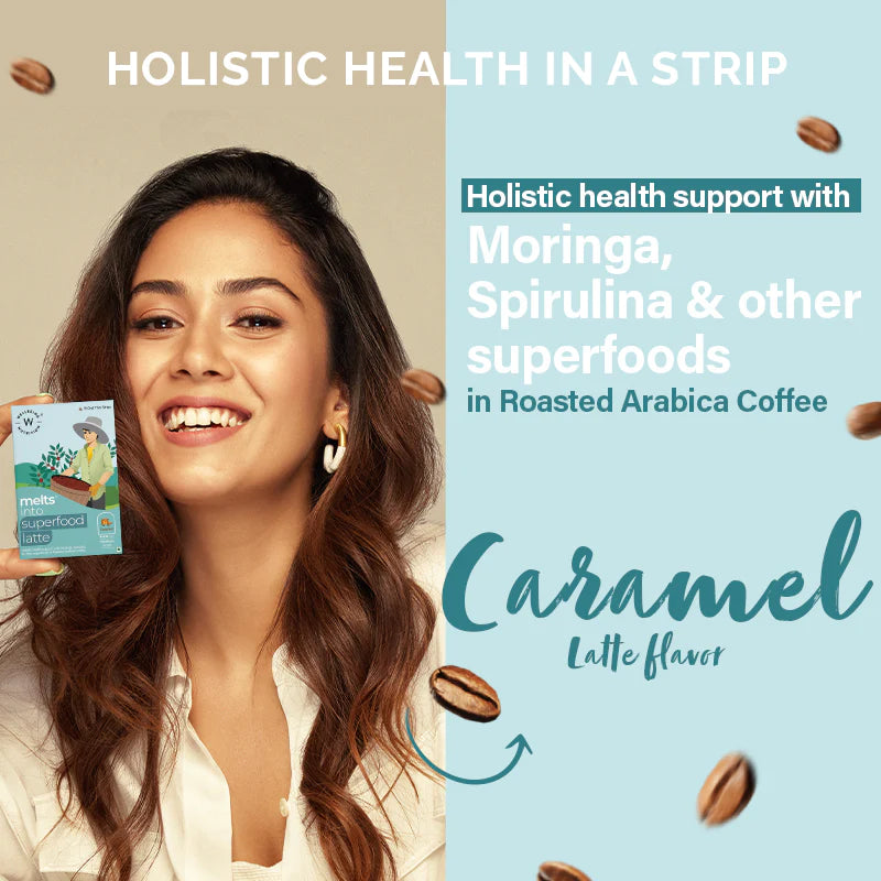 Coffee | Melts Superfood Latte – Caramel Flavor – Vegan, Gluten Free, Guilt Free, Preservatives Free, Soy &amp;amp; Nut Free – Wellbeing Nutrition – 15 Strips