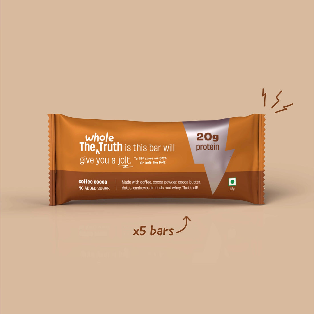 Coffee Cocoa Bar | (Made With Coffee, Cocoa Powder, Cocoa Butter, Dates, Cashew, Almonds And Whey) – No Added Sugar & No Added Preservatives – The Whole Truth – 67gm