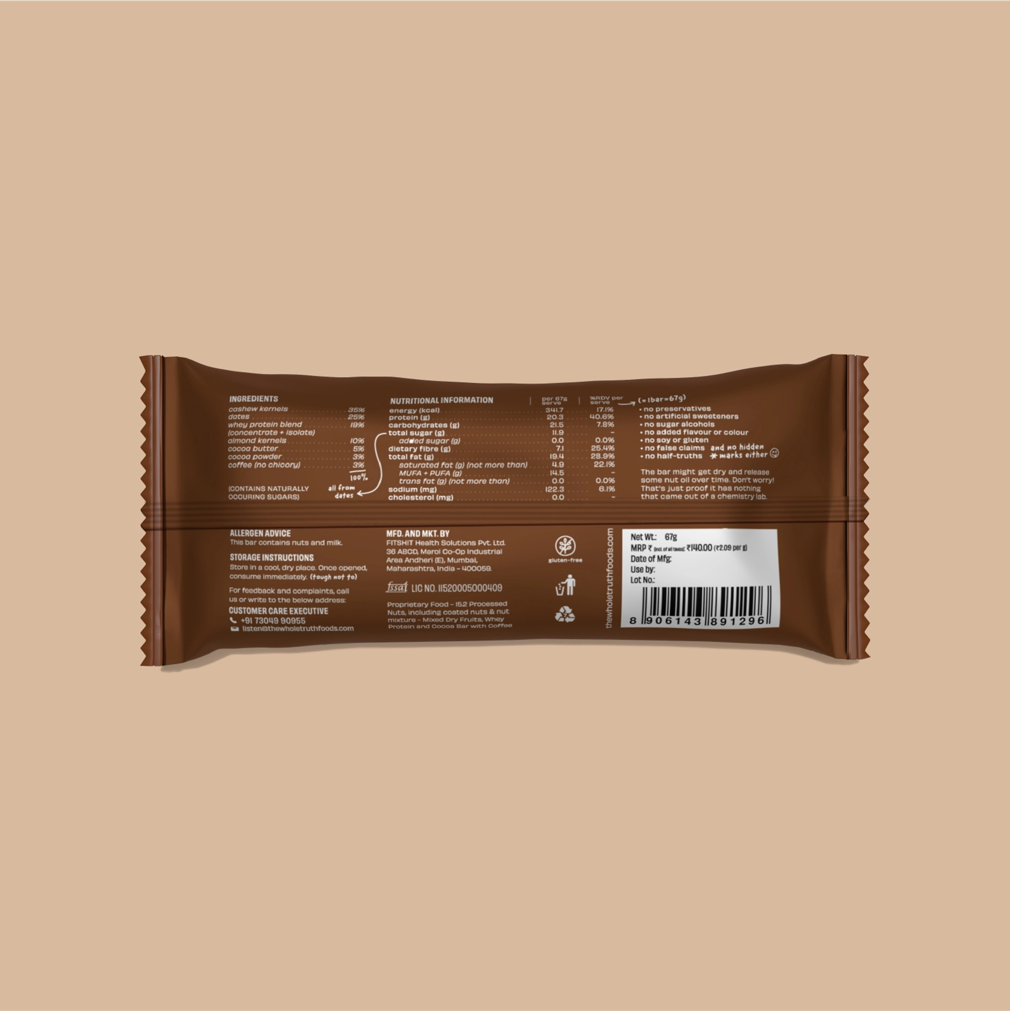 Coffee Cocoa Bar | (Made With Coffee, Cocoa Powder, Cocoa Butter, Dates, Cashew, Almonds And Whey) – No Added Sugar &amp; No Added Preservatives – The Whole Truth – 67gm