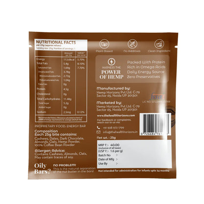 Plant Protein Bite | Hemp - Oats - Coffee - Natural - Vegan, No Added Sugar, Soy Free &amp; No Additives - Health Horizon - 25gm
