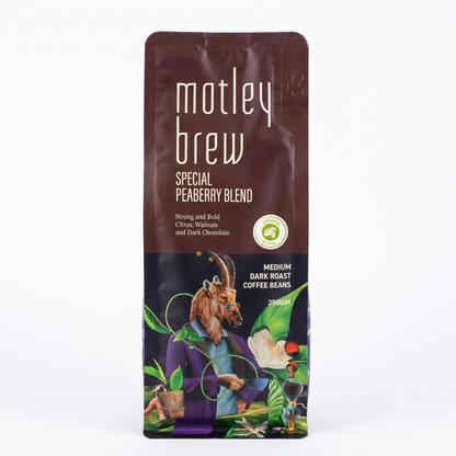 Coffee | Special Peaberry Blend (Espresso) - Strong and Bold Citrus, Walnuts and Dark Chocolate- Medium Dark Roast Coffee - Ethically Sourced ,Shaded Grown- Motley Brew– 250gm